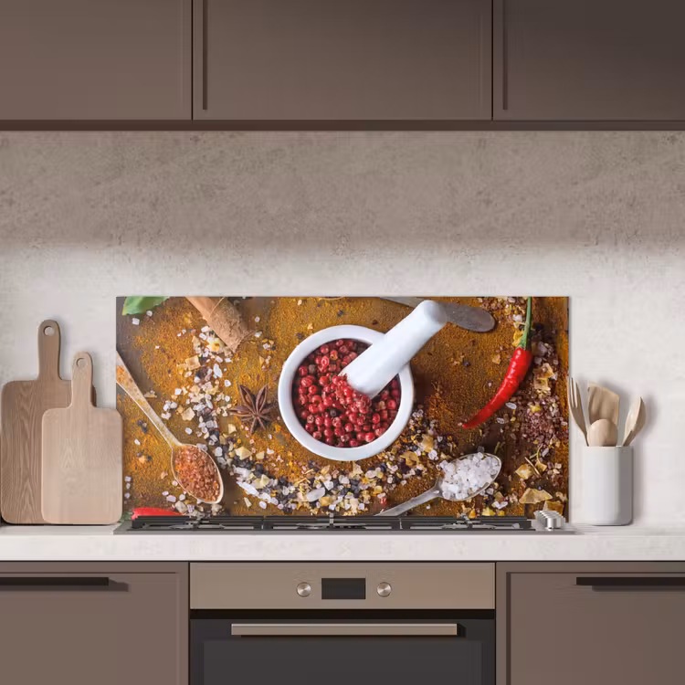 Vijzel - Kruiden - Lepels - Specerijen - Bruin - Peper keuken achterwand spatscherm middel -sfeer2