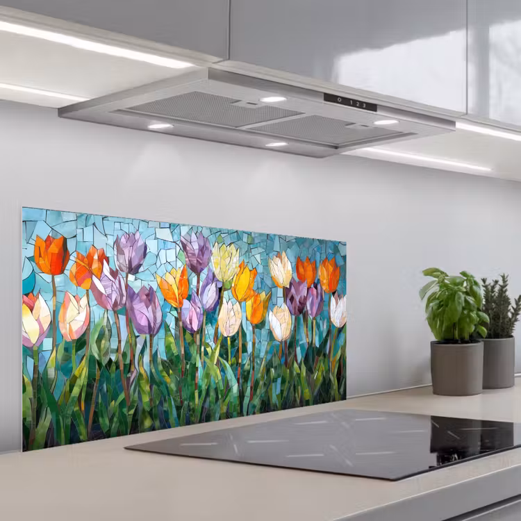 Mozaïek - Veld - Tulpen - Kleurrijk keuken achterwand spatscherm middel -3d_schuin