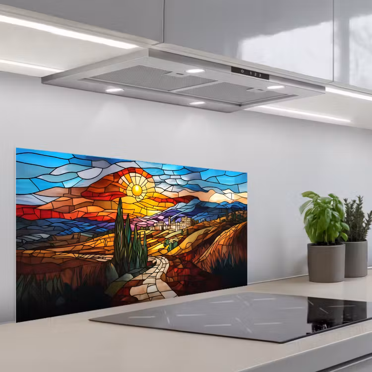 Mozaïek - Zon - Landschap - Dorp keuken achterwand spatscherm middel -3d_schuin