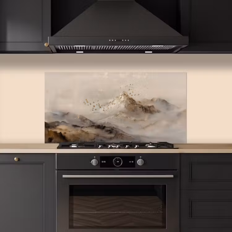 Berglandschap - Mist  - Penseelstreken keuken achterwand spatscherm middel -sfeer1