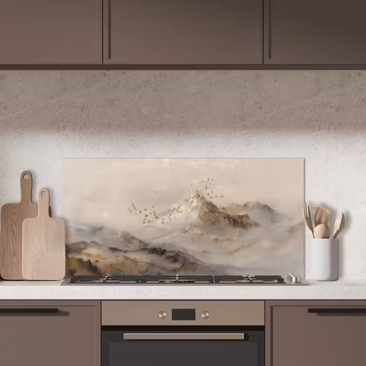 Berglandschap - Mist  - Penseelstreken keuken achterwand spatscherm middel -sfeer2