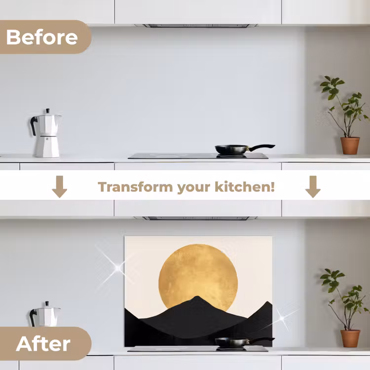 Bergsilhouetten - Gouden cirkel - Beige keuken achterwand spatscherm middel -voor_na_EN