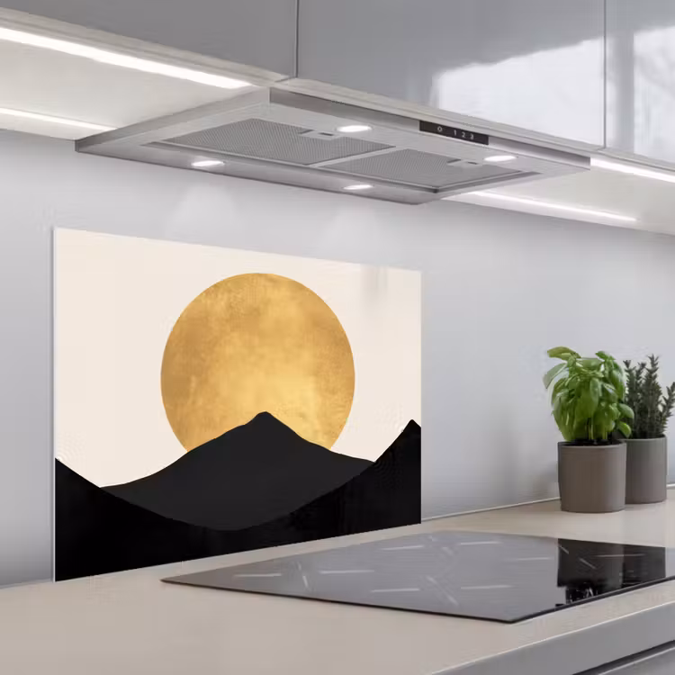 Bergsilhouetten - Gouden cirkel - Beige keuken achterwand spatscherm middel -3d_schuin