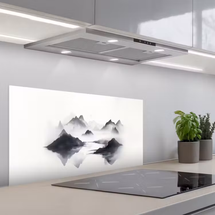 Bergen - Mistig - Water - Wit keuken achterwand spatscherm middel -3d_schuin