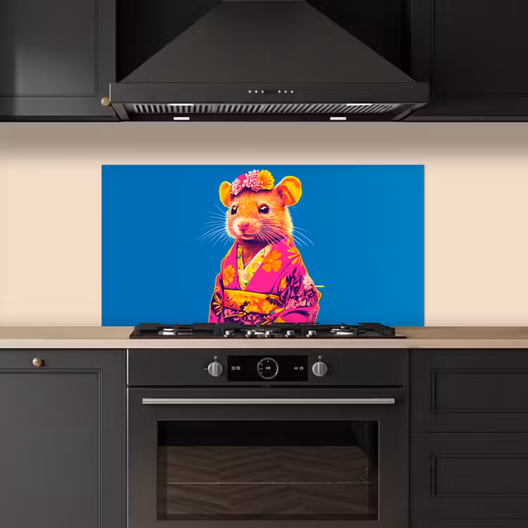 Muis - Kimono - Bloemen - Blauw keuken achterwand spatscherm middel -sfeer1