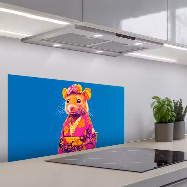 Muis - Kimono - Bloemen - Blauw keuken achterwand spatscherm middel -3d_schuin