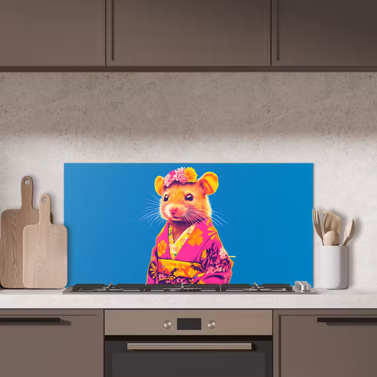 Muis - Kimono - Bloemen - Blauw keuken achterwand spatscherm middel -sfeer2