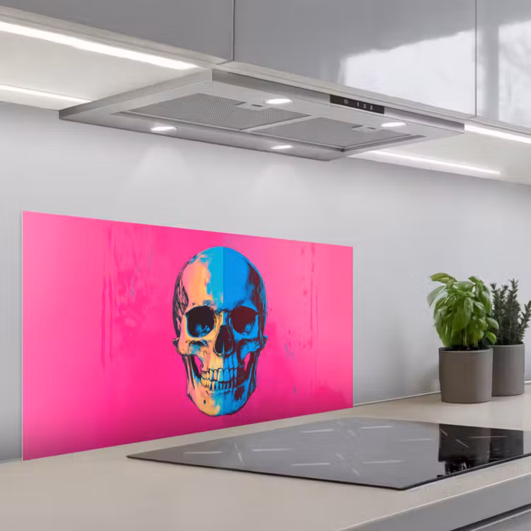 Neon - Blauw - Pop-art - Schedel keuken achterwand spatscherm middel -3d_schuin