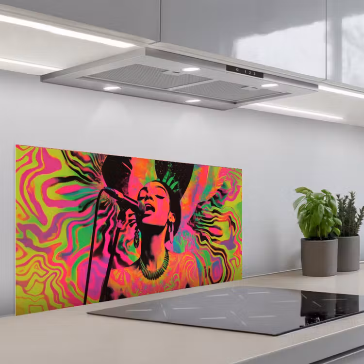 Neon - Vrouw - Microfoon keuken achterwand spatscherm middel -3d_schuin