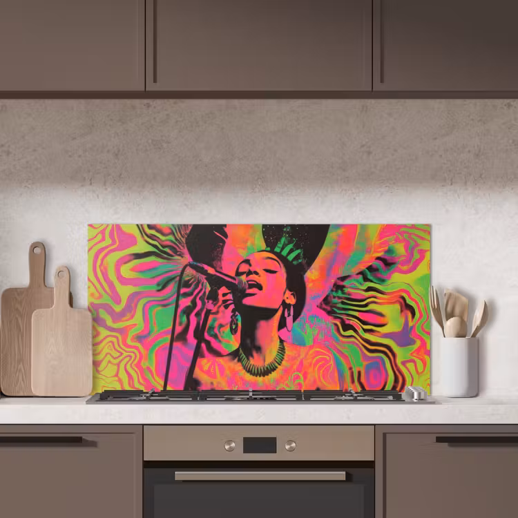 Neon - Vrouw - Microfoon keuken achterwand spatscherm middel -sfeer2