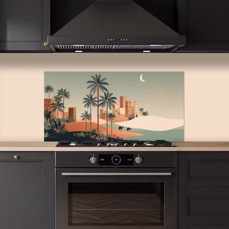 Nachtlandschap - Kamelen - Sterren - zandduinden keuken achterwand spatscherm middel -sfeer1