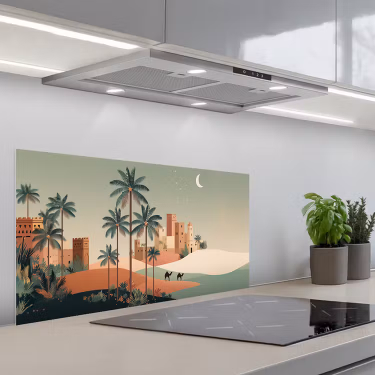 Nachtlandschap - Kamelen - Sterren - zandduinden keuken achterwand spatscherm middel -3d_schuin