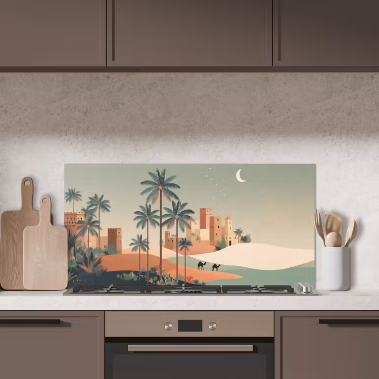 Nachtlandschap - Kamelen - Sterren - zandduinden keuken achterwand spatscherm middel -sfeer2