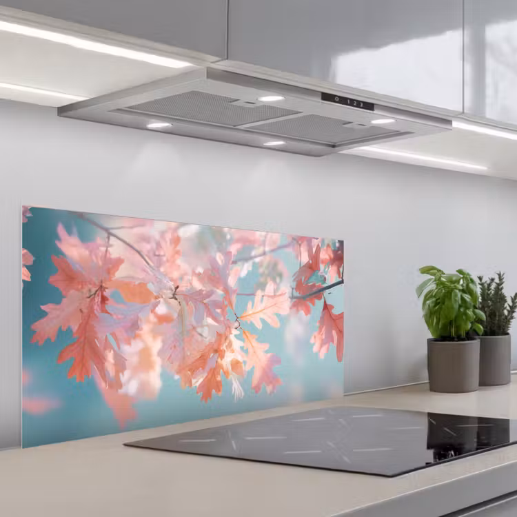 Eikenbladeren - Takken - Roze keuken achterwand spatscherm middel -3d_schuin