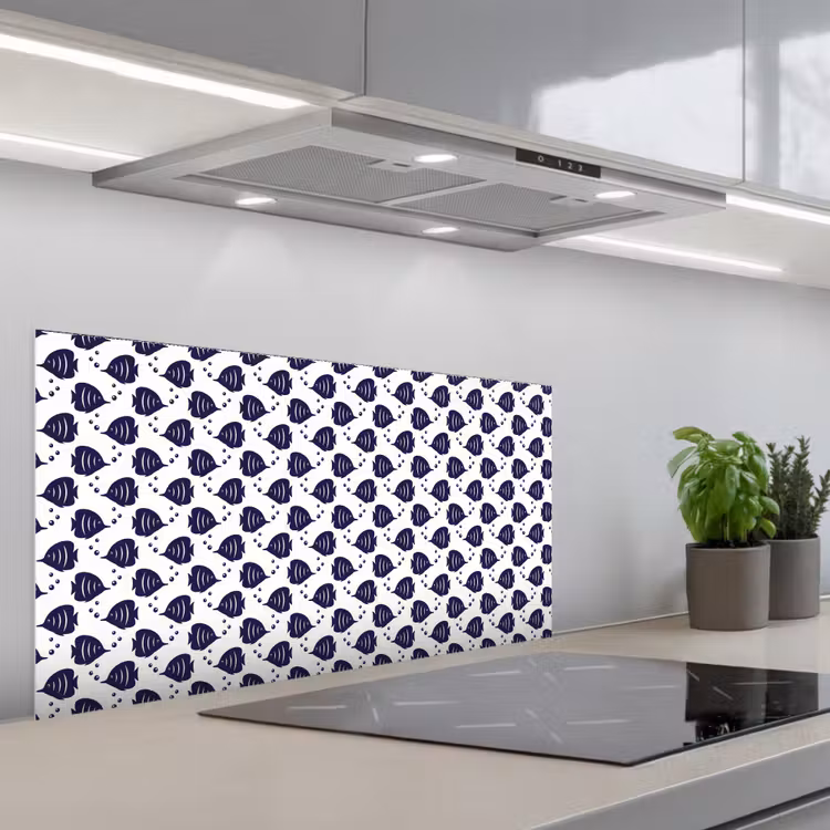 Oceaan - Vis - Blauw - Wit keuken achterwand spatscherm middel 899 -3d_schuin