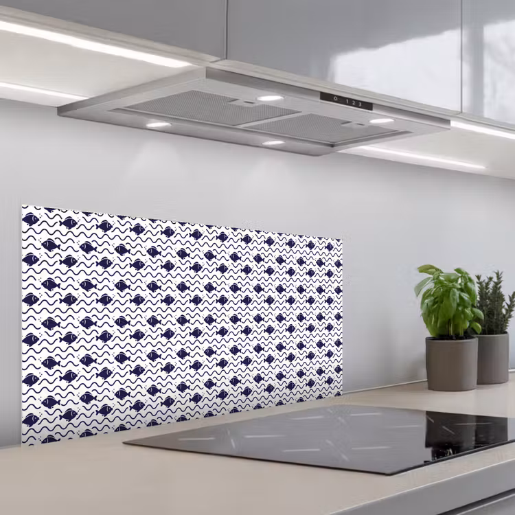 Oceaan - Visachtig - Blauw - Wit keuken achterwand spatscherm middel 899 -3d_schuin