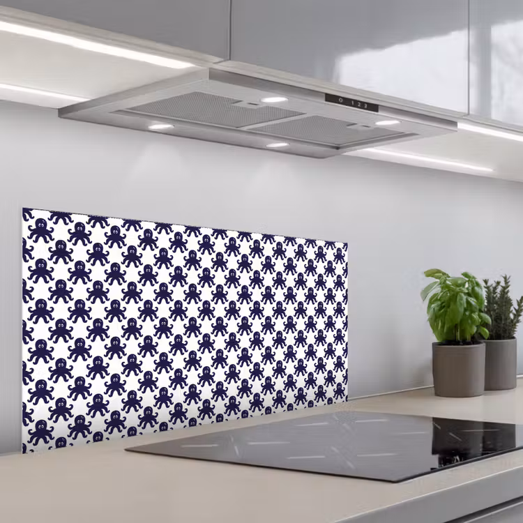 Oceaan - Octo - Blauw - Wit keuken achterwand spatscherm middel 899 -3d_schuin