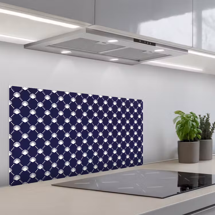 Oceaan - Schelp - Blauw - Wit keuken achterwand spatscherm middel 899 -3d_schuin