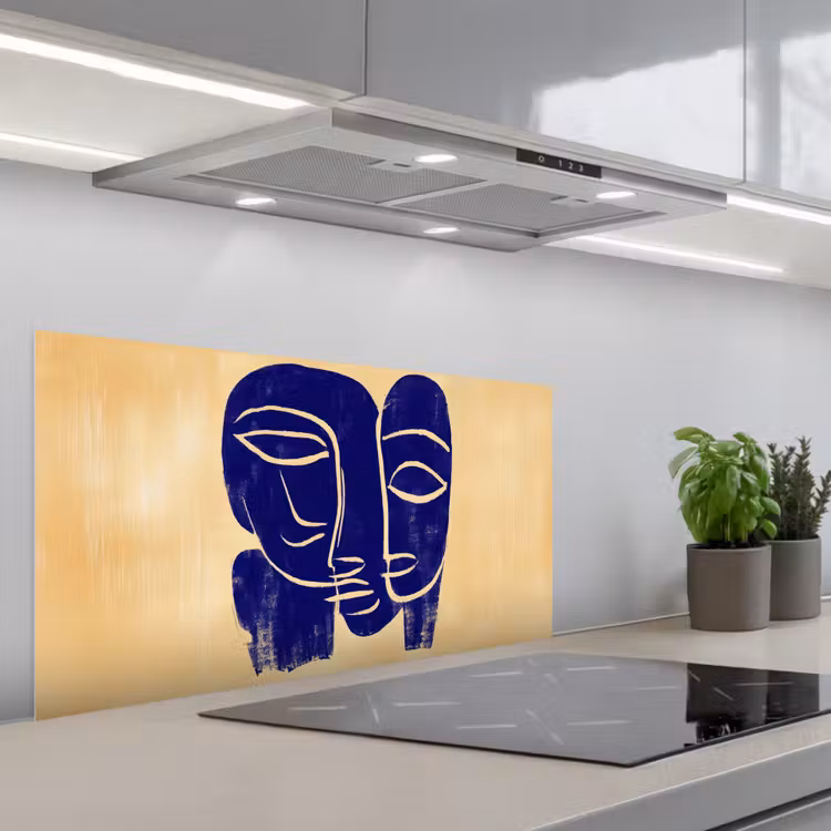 Okergeel - Blauw - Eenvoudige lijnen keuken achterwand spatscherm middel -3d_schuin