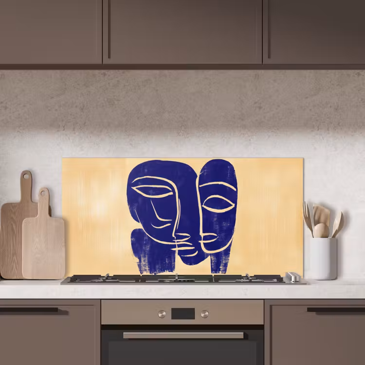 Okergeel - Blauw - Eenvoudige lijnen keuken achterwand spatscherm middel -sfeer2