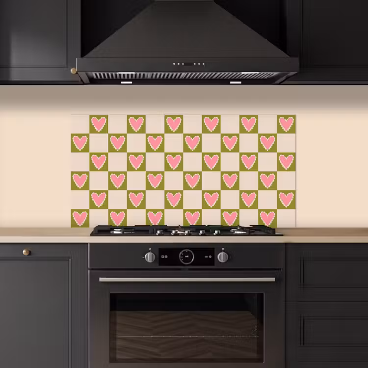 Olijfgroen - Hartjes - Patroon - Retro keuken achterwand spatscherm middel 899 -sfeer1