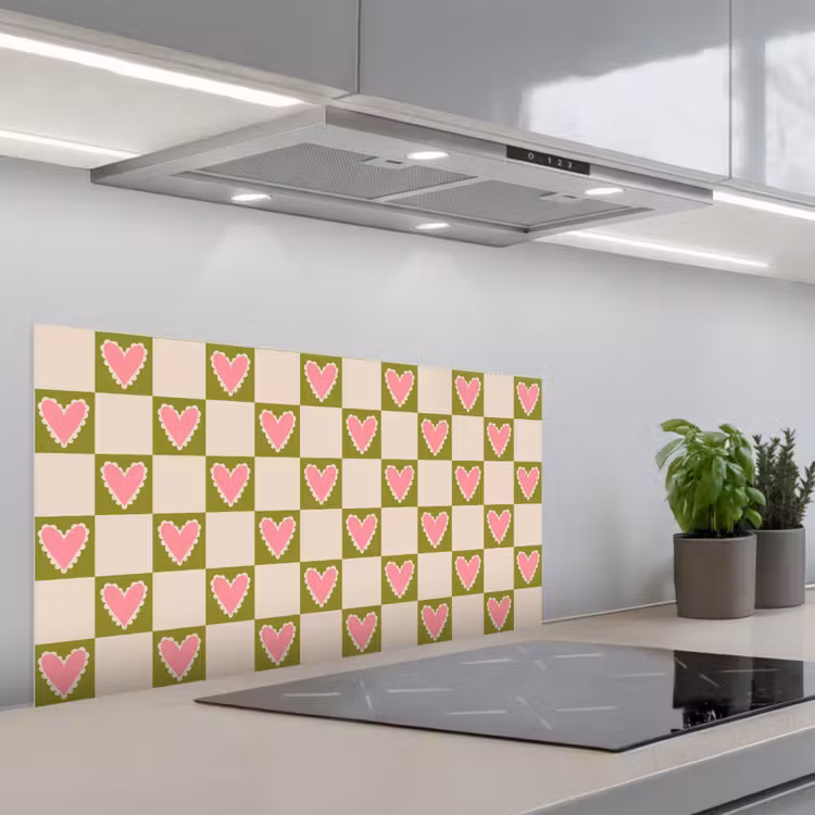 Olijfgroen - Hartjes - Patroon - Retro keuken achterwand spatscherm middel 899 -3d_schuin
