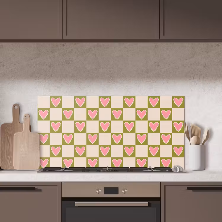 Olijfgroen - Hartjes - Patroon - Retro keuken achterwand spatscherm middel 899 -sfeer2