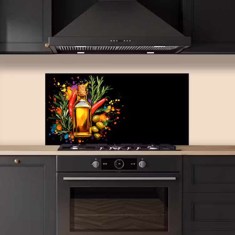 Olijfolie - Graffiti - Peper - Olijven - Modern keuken achterwand spatscherm middel -sfeer1