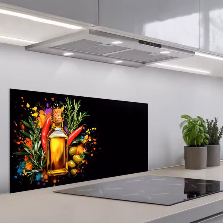 Olijfolie - Graffiti - Peper - Olijven - Modern keuken achterwand spatscherm middel -3d_schuin
