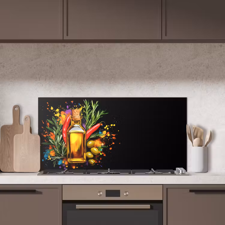 Olijfolie - Graffiti - Peper - Olijven - Modern keuken achterwand spatscherm middel -sfeer2