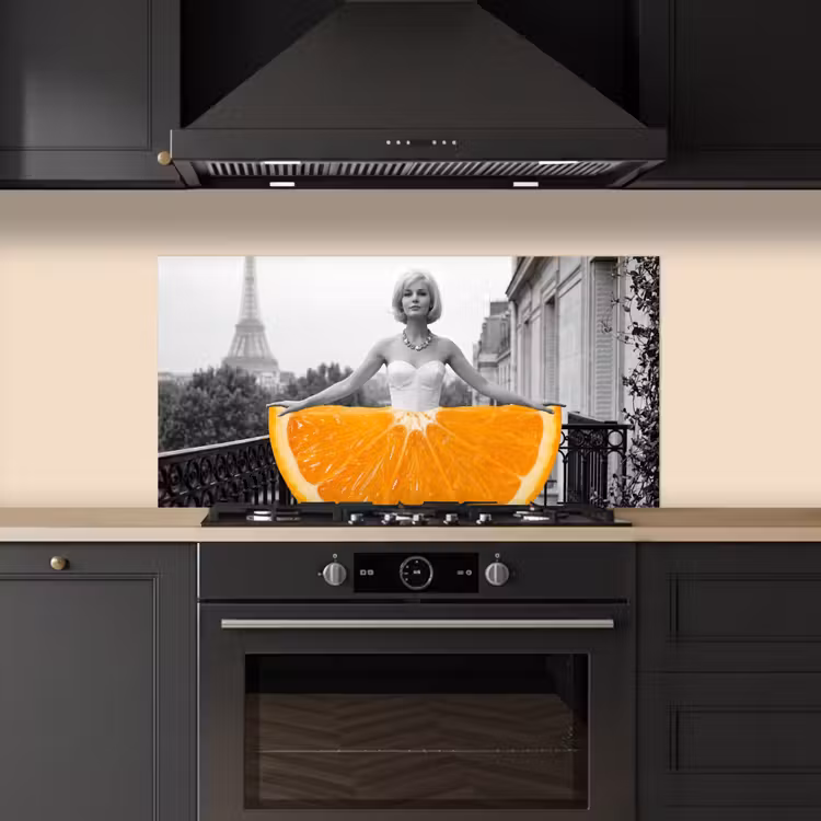 Sinaasappel - Eiffeltoren - Vrouw keuken achterwand spatscherm middel -sfeer1