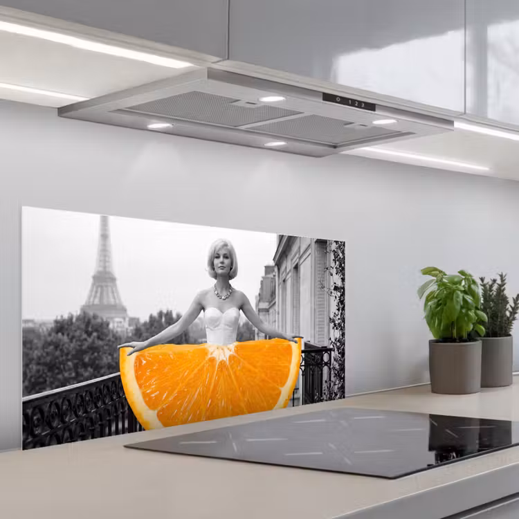Sinaasappel - Eiffeltoren - Vrouw keuken achterwand spatscherm middel -3d_schuin
