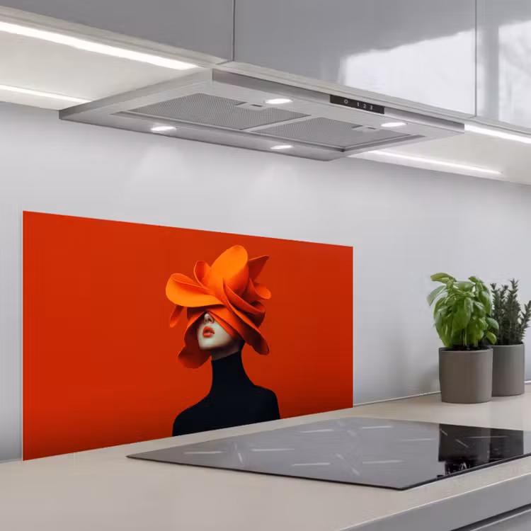 Oranje - Hoed - Vrouw keuken achterwand spatscherm middel -3d_schuin