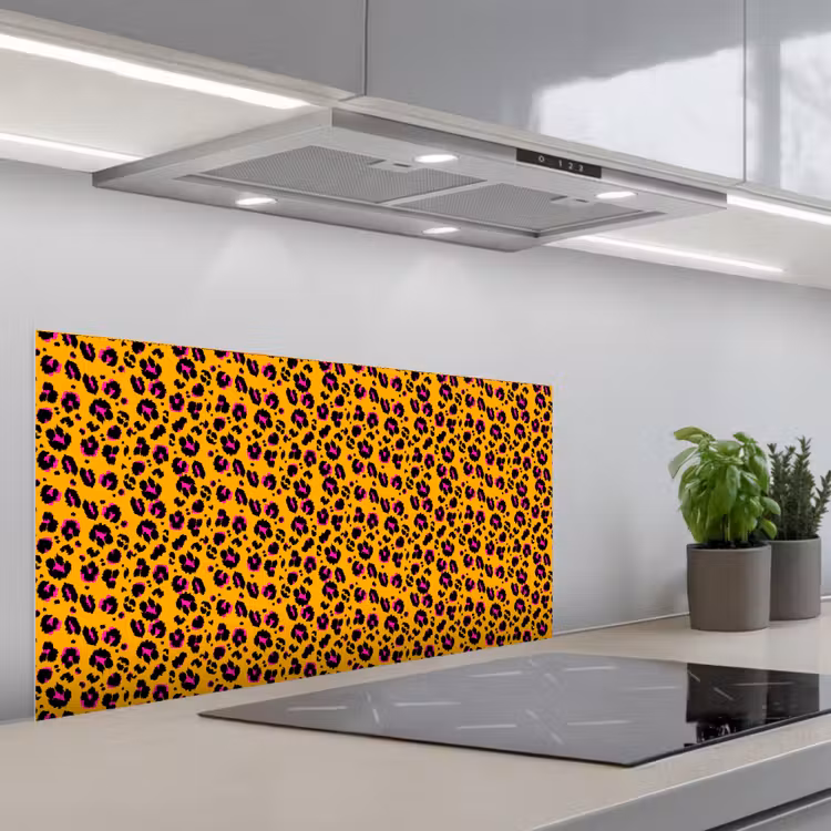 Oranje - Roze - Panterprint keuken achterwand spatscherm middel 899 -3d_schuin
