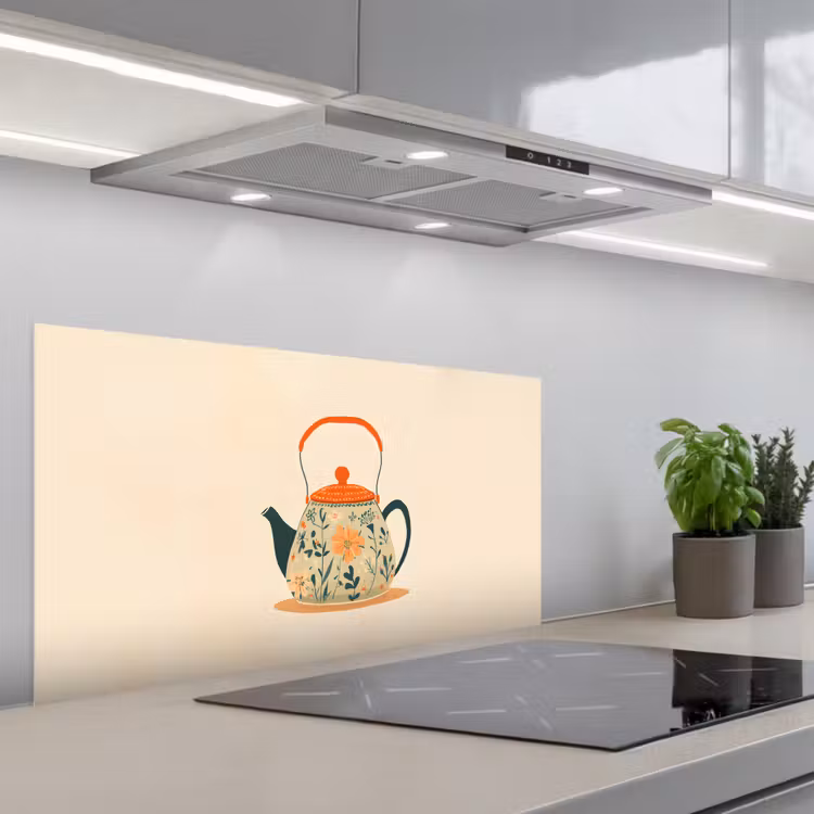 Oranje - Theepot - Bloemen - Bladeren keuken achterwand spatscherm middel -3d_schuin