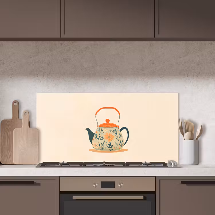 Oranje - Theepot - Bloemen - Bladeren keuken achterwand spatscherm middel -sfeer2