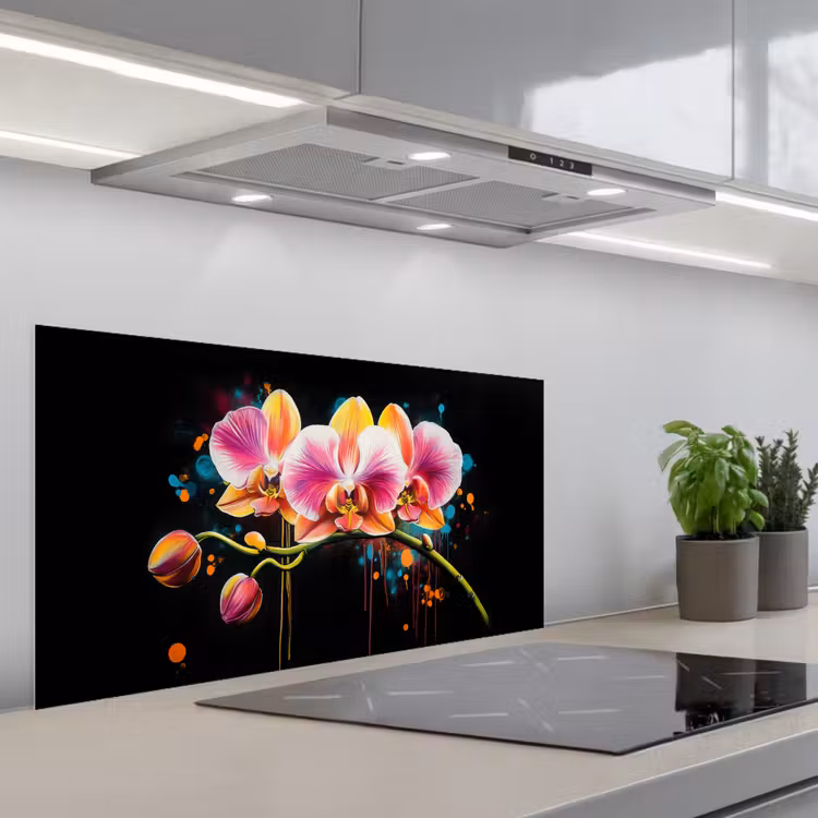 Orchidee - Graffiti - Kleurrijk - Bloemen - Abstract keuken achterwand spatscherm middel -3d_schuin