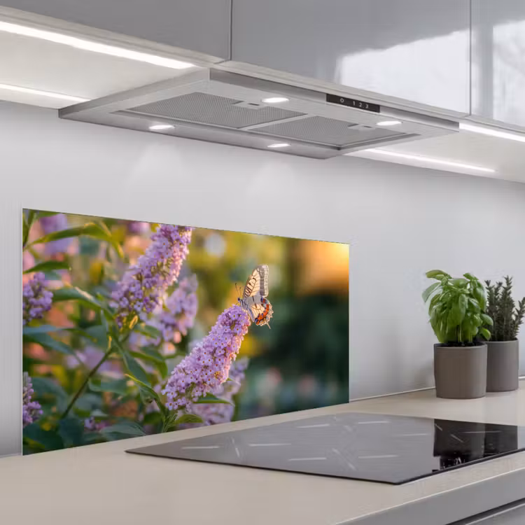 Sierlijke - Vlinder - Paarse - Bloemen keuken achterwand spatscherm middel -3d_schuin