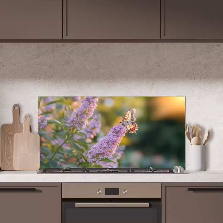 Sierlijke - Vlinder - Paarse - Bloemen keuken achterwand spatscherm middel -sfeer2