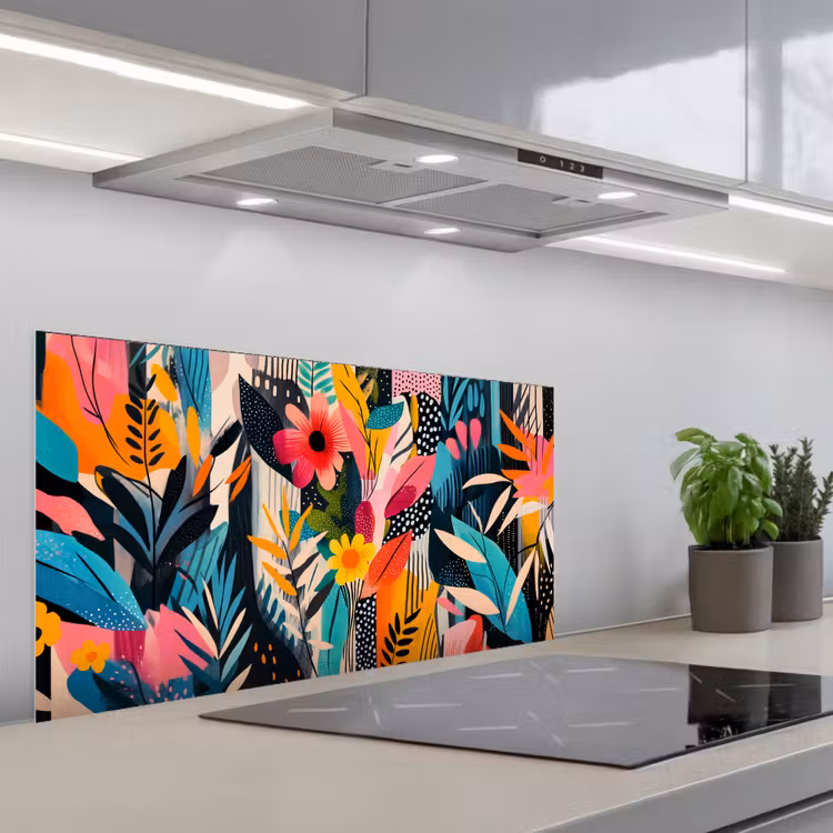 Schilderij - Abstract - Bloemen - Roze keuken achterwand spatscherm middel -3d_schuin
