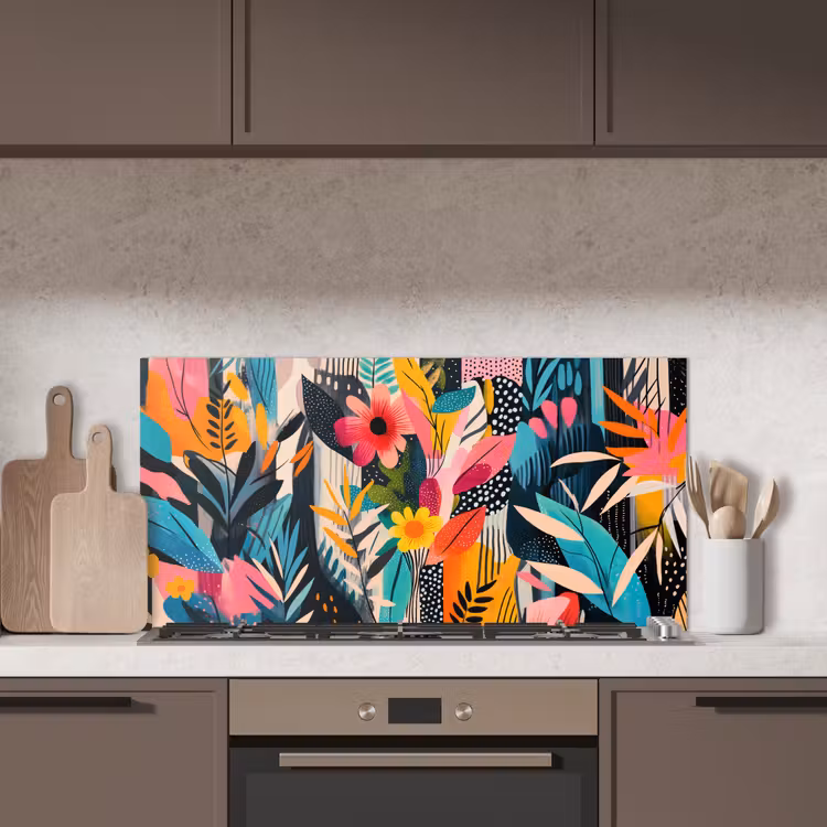 Schilderij - Abstract - Bloemen - Roze keuken achterwand spatscherm middel -sfeer2