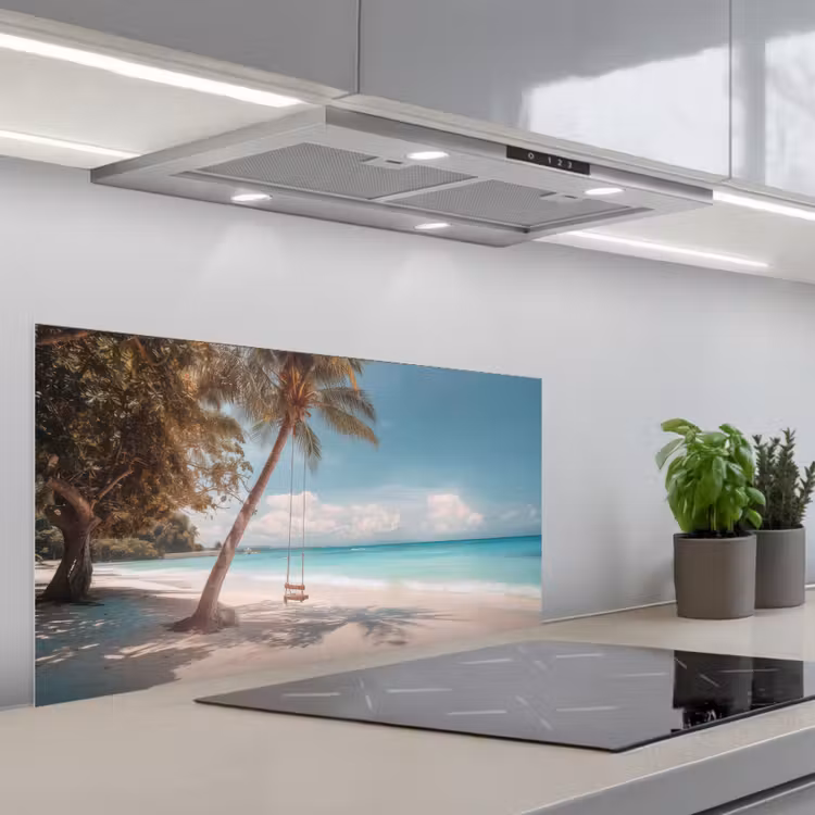 Palmboom - Schommel - Strand - Lucht keuken achterwand spatscherm middel -3d_schuin