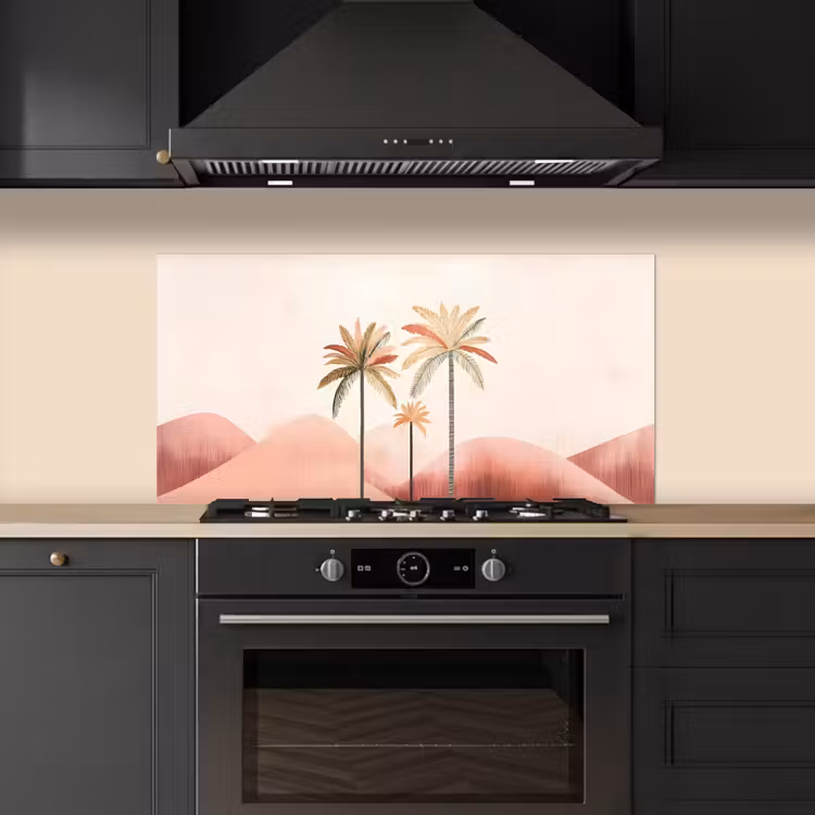 Palmbomen - Heuvels - Minimalistisch - Zachtroze keuken achterwand spatscherm middel -sfeer1