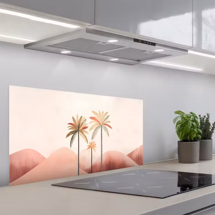 Palmbomen - Heuvels - Minimalistisch - Zachtroze keuken achterwand spatscherm middel -3d_schuin
