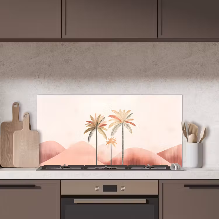 Palmbomen - Heuvels - Minimalistisch - Zachtroze keuken achterwand spatscherm middel -sfeer2