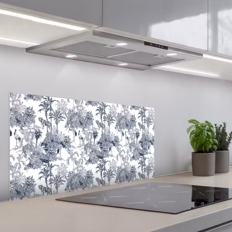 Palmbomen - Jungle - Abstract - Blauw keuken achterwand spatscherm middel 899 -3d_schuin