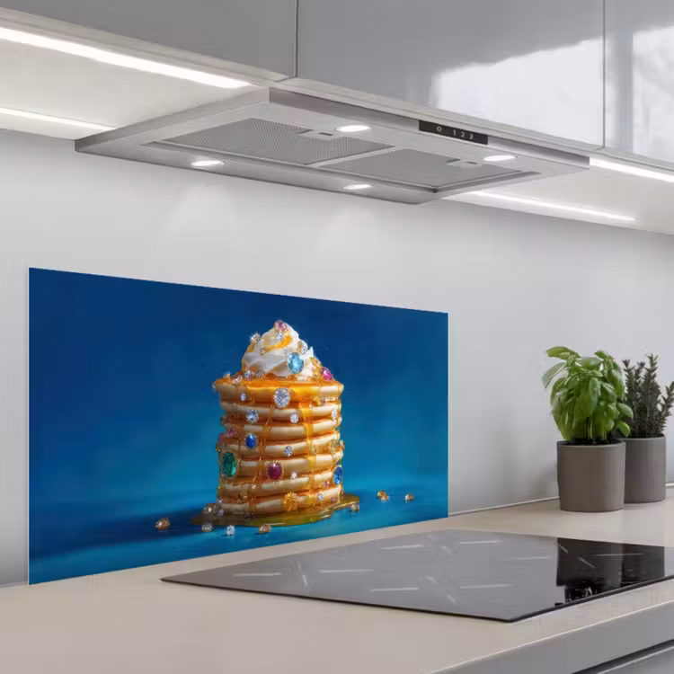 Pannenkoeken - Steentjes - Glitter - Slagroom keuken achterwand spatscherm middel -3d_schuin