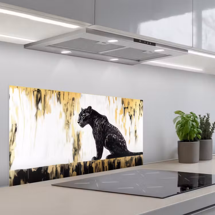 Panter - Zwart - Abstract - Goud keuken achterwand spatscherm middel -3d_schuin