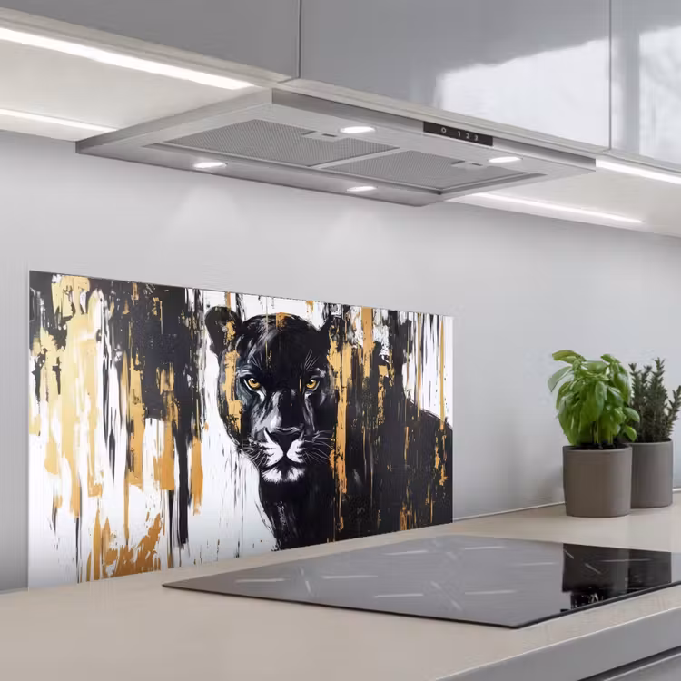 Panter - Zwart - Abstract - Verfstreken keuken achterwand spatscherm middel -3d_schuin