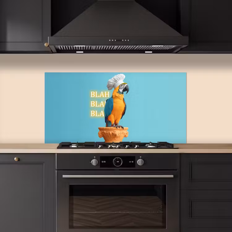 Papegaai - Koksmuts - Quote - Neon keuken achterwand spatscherm middel -sfeer1